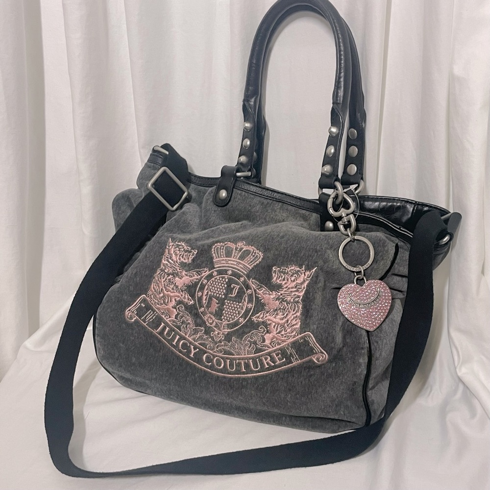 Vintage Juicy Couture Y2K Royal Scottie Dog Velour Gray Pink Tote Shoulder Bag